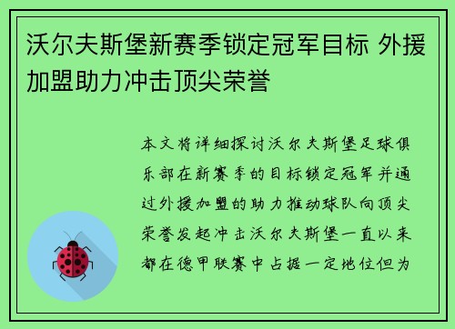 沃尔夫斯堡新赛季锁定冠军目标 外援加盟助力冲击顶尖荣誉