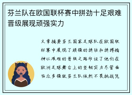 芬兰队在欧国联杯赛中拼劲十足艰难晋级展现顽强实力