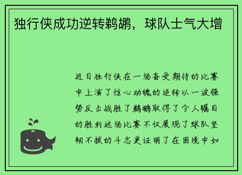 独行侠成功逆转鹈鹕，球队士气大增
