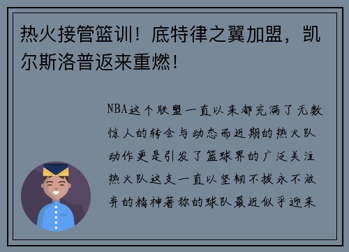 热火接管篮训！底特律之翼加盟，凯尔斯洛普返来重燃！