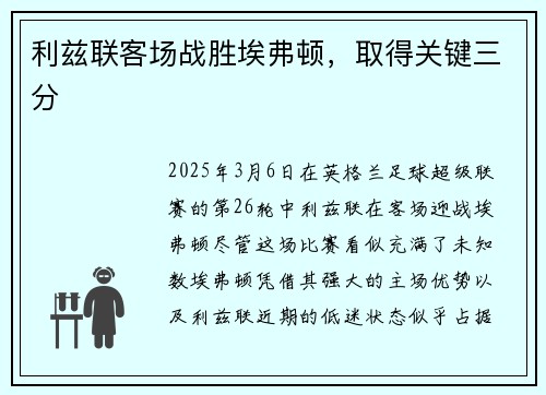 利兹联客场战胜埃弗顿，取得关键三分