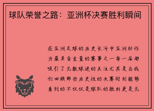 球队荣誉之路：亚洲杯决赛胜利瞬间