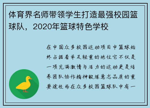 体育界名师带领学生打造最强校园篮球队，2020年篮球特色学校
