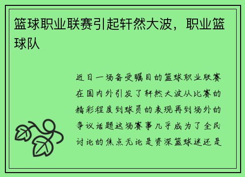 篮球职业联赛引起轩然大波，职业篮球队