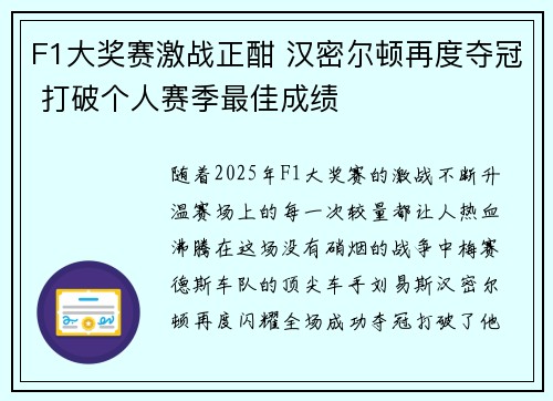 F1大奖赛激战正酣 汉密尔顿再度夺冠 打破个人赛季最佳成绩
