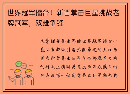 世界冠军擂台！新晋拳击巨星挑战老牌冠军，双雄争锋