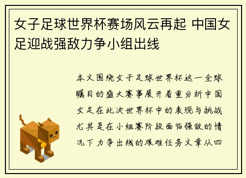 女子足球世界杯赛场风云再起 中国女足迎战强敌力争小组出线