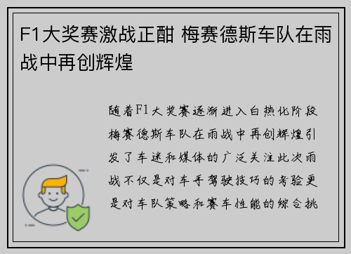 F1大奖赛激战正酣 梅赛德斯车队在雨战中再创辉煌